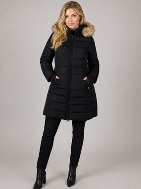 Lole Long Black Puffer Coat Fur Hood Women’s Size L Winter Jacket Warm Parka